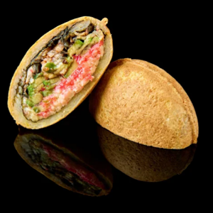 (норі, рис, вугор, сирна маса для запікання, авокадо, ікра масаго, сухарі панко, кляр, соус)<br>315 г<br> Бургер з вугрем